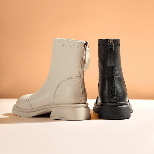 Belle Genuine Leather Fashion Boots 2025 Winter New Elastic Short Boots Slim Boots B1538DD5 Sweet Cool Black 37