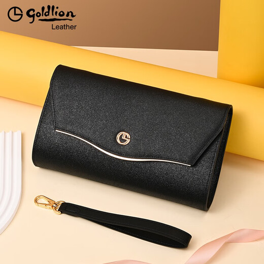 Goldlion Women's Handbag 2025 New Fashion Versatile Clutch Large Capacity Multifunctional Clutch Genuine Leather Mobile Phone Bag Portable Black Official Authentic