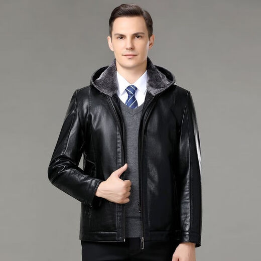 FEEKEKE international first-line luxury brand leather jacket men's sheepskin detachable hood lapel middle-aged thickened warm leather black one size fits all 175/92A
