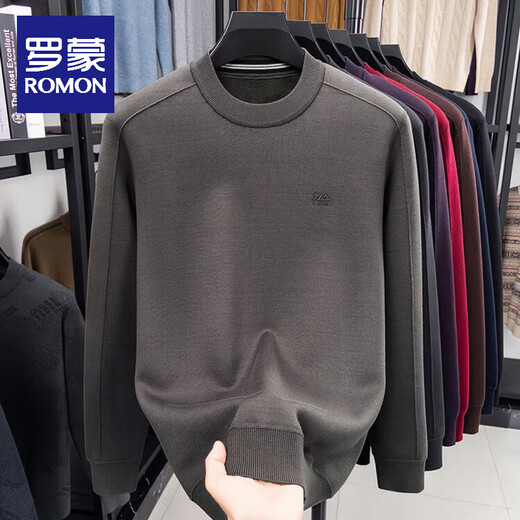 ROMON wool sweater men's round neck sweater men's long-sleeved autumn and winter middle-aged solid color casual velvet sweater bottoming shirt for men burgundy velvet thickened XL 135-150Jin Jin equals 0.5 kg