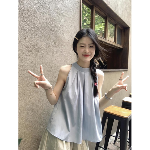 French sweet vest women's summer outer wear niche blue shirt temperament hanging neck suspender loose sleeveless top black S