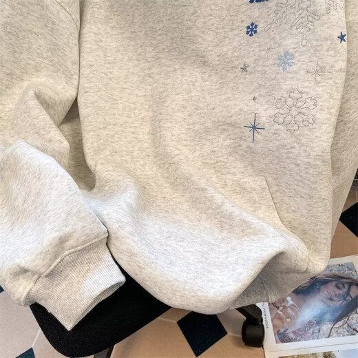 雪花星星刺绣连帽卫衣男秋季重磅廓形宽松oversize高街百搭外套男 浅灰色 L 建议100-120斤