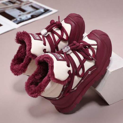 Children's leather snow boots waterproof winter boys and girls non-slip plus velvet thickened cotton shoes 6-12 years old burgundy 966 cotton 38 24.3cm