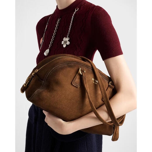 PRADA FW25 Light Luxury Women's Brown Suede Medium Bowling Shoulder Bag Brown One Size