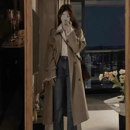 Luge Li Windbreaker Jacket Women's Khaki Spring and Autumn Women's 2025 New Small Korean Style Autumn Coat Mid-Length Khaki Windbreaker S