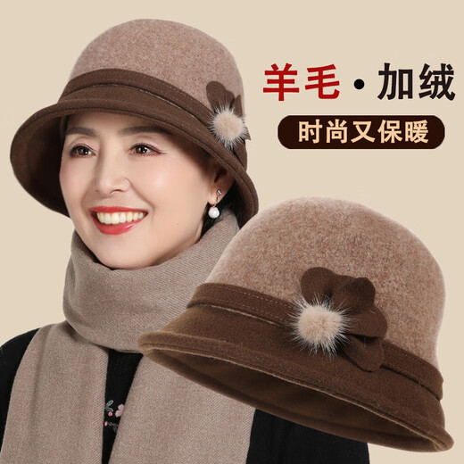 SAIXIMAN's new middle-aged and elderly women's winter hat plus velvet hat to keep warm, fashionable and versatile, 3163 camel color, velvet-free, adjustable (hat + scarf + gloves)