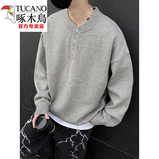 Woodpecker (TUCANO) gray American Henry collar sweater men's early autumn lazy style bottoming sweater cleanfit inner layer light gray Henry collar M