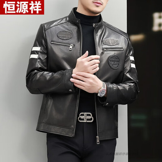 Hengyuanxiang Haining first layer cowhide leather jacket men's leather jacket short stand collar spring and autumn handsome motorcycle riding jacket black regular L 50 125-140Jin Jin equals 0.5 kg