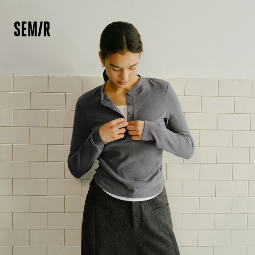 Semir long-sleeved T-shirt women's short heated fleece fake two-piece 2025 winter Henry collar tight clothes 109725101003