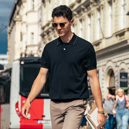 Mr. Bu machine washable lapel cardigan T-shirt 2025 autumn new solid color business sweater short-sleeved bottoming shirt BT16888 piano black M (170)