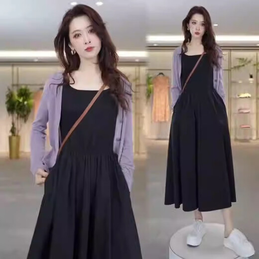 Xin Yimei Dress Women's Suit 2025 Spring and Autumn New Fashion Small Fragrance Style Knitted Overlay Suspender A-Line Skirt Two-piece Set Purple Overlay + Black Skirt L (110-120Jin Jin equals 0.5 kg)