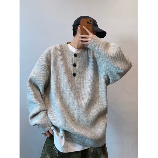 Autumn and winter tops Korean simple Henry collar sweater men's trendy brand INS pullover bottoming sweater light gray 3XL