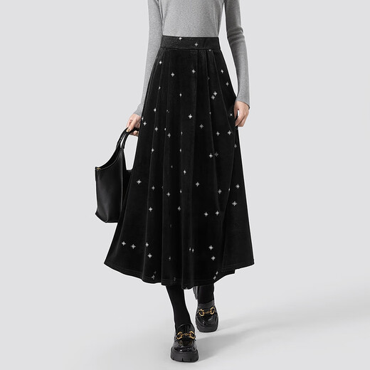 She Chi Xingkong Velvet Skirt Women's 2025 Autumn New Retro Elegant High Waist A-Line Midi Skirt