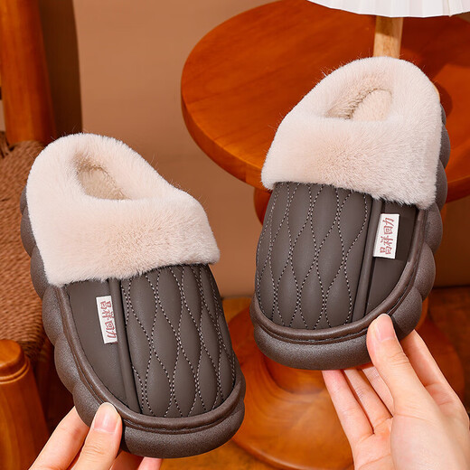 New autumn and winter thick-soled non-slip non-slip boys and girls indoor home winter plus velvet warm cotton slippers upgraded version bean paste-slippers 12 36/37 adults one size too small