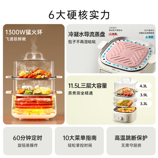 Bear electric steamer, household small, for 2-3 people, steaming and cooking integrated household electric pot, egg steamer, bun steamer, multifunctional pot 11.5L three-layer large capacity DZG-HA0N7