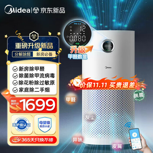 Midea's new air purifier, formaldehyde concentration monitoring, deep decomposition and removal of formaldehyde, sterilization and odor allergen removal, virus and smoke odor removal, formaldehyde digital display KJ600G-RX600P