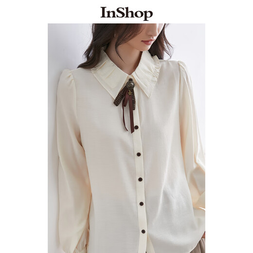 InShop shopping mall same style new women's retro literary college style bow tie shirt age-reducing long-sleeved top apricot S