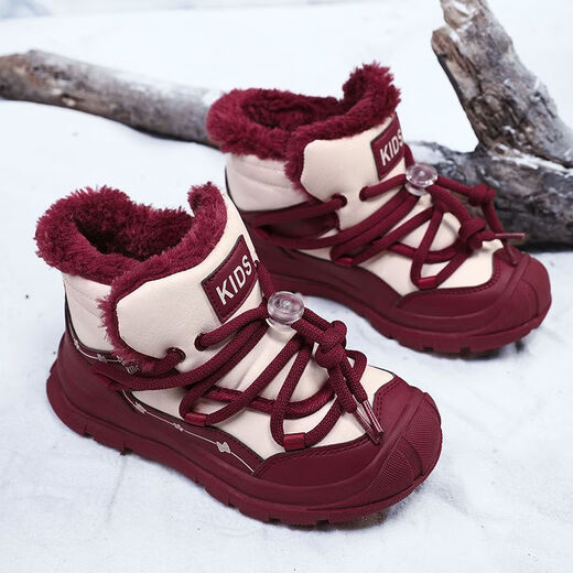 Children's leather snow boots waterproof winter boys and girls non-slip plus velvet thickened cotton shoes 6-12 years old burgundy 966 cotton 38 24.3cm