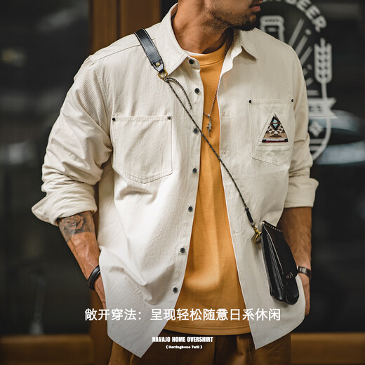 Madden workwear American retro long-sleeved shirt men's Indian totem patchwork pocket stacked cotton shirt spring off-white S