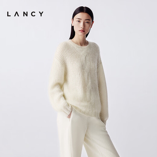 LANCY mohair silk 25 winter new style relaxed cable knit sweater women's round neck off-shoulder sweater off-white M