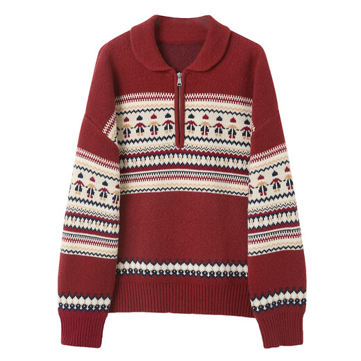 Sancai 2025 winter new red zipper lapel atmospheric jacquard sweater loose shoulder sleeves M