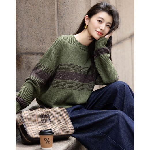 Demana Muyun Linglong winter sheep wool sweater retro round neck contrast ribbed loose knitted sweater women's top