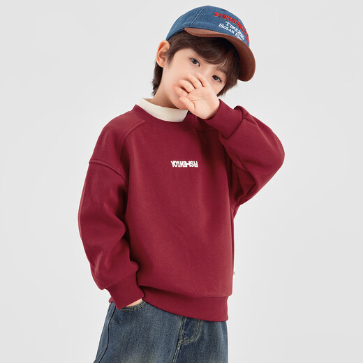 Duojia Fashion Boys' Red Sweater with Velvet Winter Round Neck Bottoming Loose Children's Pullover Top