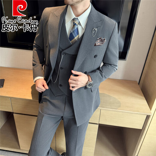 Pierre Cardin 2025 Autumn Striped British Style Double-Breasted Suit Men's Suit Wedding Groom Dress Business Casual Formal Medium Gray L