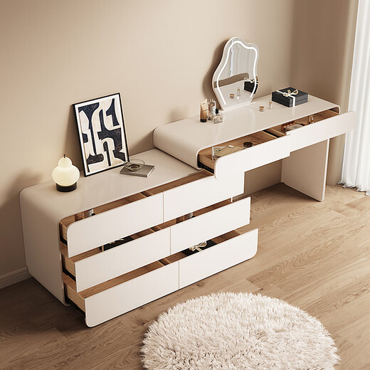 Dipu cream style one-piece dressing table bedroom small apartment storage cabinet light luxury Internet celebrity makeup table T12 bay window table 1m dressing table + 1.2m cupboard + acrylic makeup stool + mirror