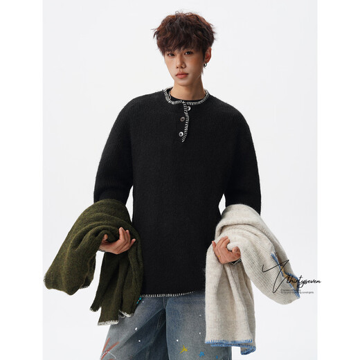 V37 American contrast lace Henry collar sweater for men in autumn retro loose lazy style couple pullover sweater apricot XL