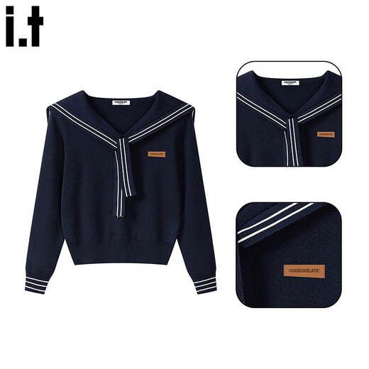 CHOCOOLATE it women's sweater women's college style navy collar streamer sweater women's autumn and winter new inner layering short top off-white M