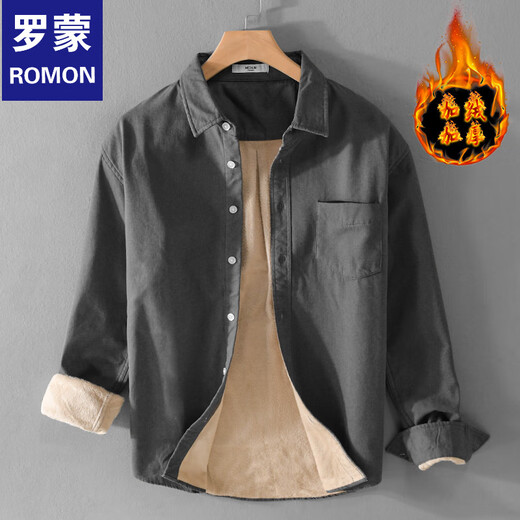 ROMON new winter thickened velvet men's shirt casual, simple and versatile pure cotton warm and cold youth shirt khaki L