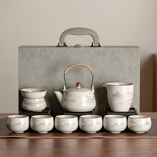 Porcelain Friends Mingshui Mo Guanshan Ru Kiln Tea Set Complete Kung Fu Tea Set Business Holiday Souvenir Gift for Elders Housewarming Gift