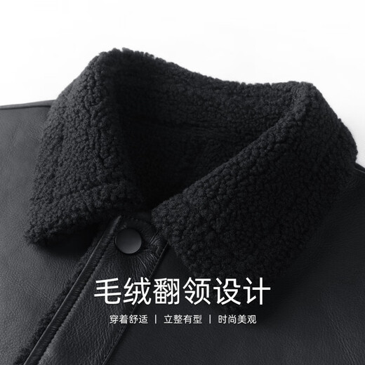 马克华菲摇粒绒翻领皮夹克男2025秋冬新款潮流保暖防风pu皮外套1515 黑色001 M 170