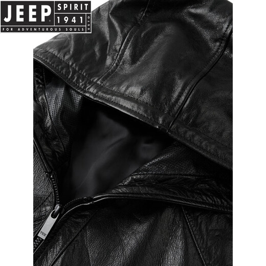 JEEP SPIRIT2025 spring and autumn first layer genuine cowhide hooded jacket motorcycle casual trendy leather jacket short oil wax embroidered model black M 170 suitable for 110-135 Jin Jin equals 0.5 kg