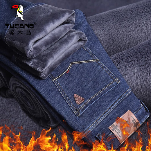 啄木鸟牛仔裤男加绒加厚男士秋冬季新款保暖宽松直通休闲弹力保暖长裤子 深蓝色 加绒加厚 32 （建议130-155斤）