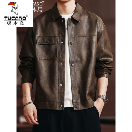 Woodpecker 2026 new leather jacket men's autumn American outdoor motorcycle fashion trend retro handsome jacket JK2513 coffee color M 100-125Jin Jin equals 0.5 kg