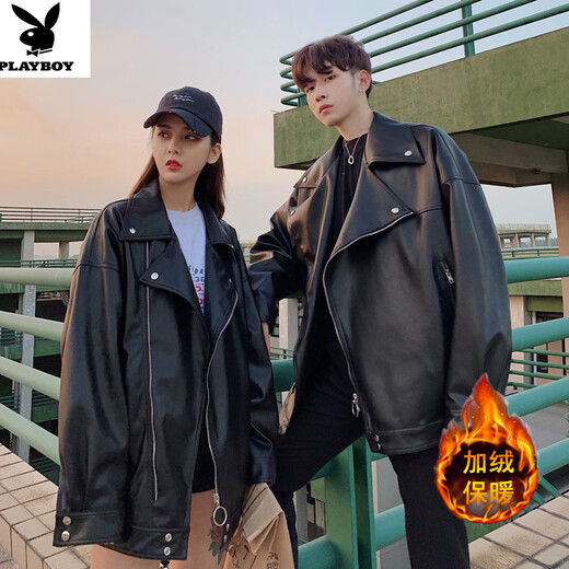 Playboy (PLAYBOY) Leather Men's Jacket Pu Leather Jacket Couple's Wear Winter Velvet American Trendy Handsome Loose Large Size Motorcycle Jacket Black Velvet 3XL