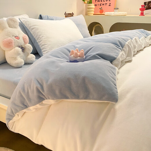 Fu丨Anna milk velvet four-piece set winter 2025 new coral velvet quilt cover bed sheet three-piece set milk white + baby blue bed sheet style 1.5m four-piece quilt cover 180*220