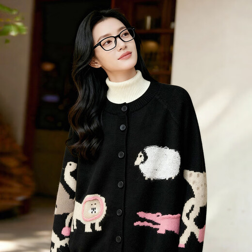 Basic House Basic House/Baijiahao sheep wool knitted cardigan for women autumn fun animal jacquard loose sweater jacket black M