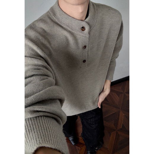 Old Money Style Henley Collar Sweater Men's Spring and Autumn Loose Trendy Heavyweight Knitwear Trendy Brand Premium Sense Floral Gray 2XL