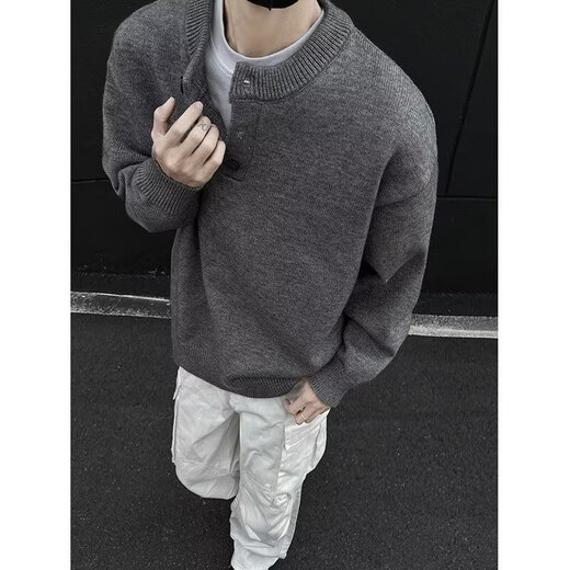 Chestnut Gray American Henley Collar Sweater Men's Autumn and Winter Premium Lazy Style Bottoming Sweater Cleanfit Inside 1961-Light Gray XL (Recommended 115-135 Jin Jin equals 0.5 kg)