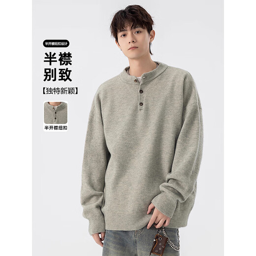 Cotton Snow Gray American Henley Collar Sweater for Men Autumn and Winter 2025 New Thick Warm Sweater Jacket with Sweater Inside Light Gray XL 170CM-182CM
