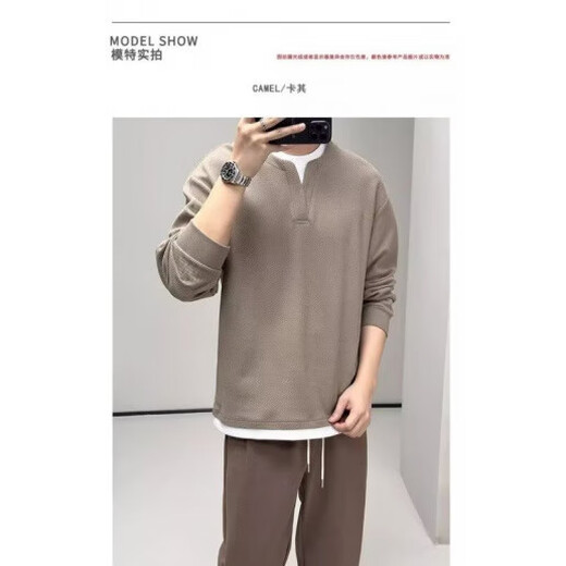 American deconstructed polo henley collar sweatshirt for men in autumn with a design sense of right shoulder loose hooded long-sleeved T-shirt base layer black M