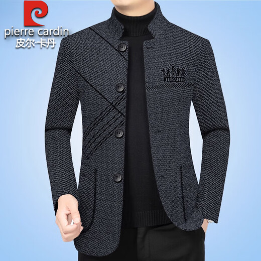 Pierre Cardin high-end woolen jacket men's autumn and winter velvet thickened middle-aged dad casual men's woolen tunic suit black gray N7315 cotton XL 180- 135-150Jin Jin equals 0.5 kg