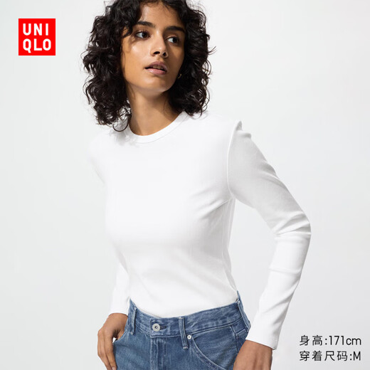 Uniqlo Women's Soft Ribbed Round Neck T-Shirt/Long Sleeve 483468 00 White M