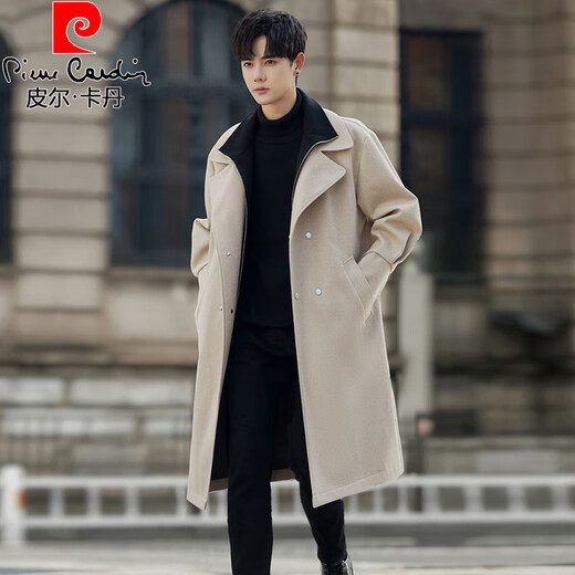 Pierre Cardin 2025 autumn and winter two-piece woolen men's coats, men's windbreakers, men's medium-length thickened coats, color-blocked double plackets, black M