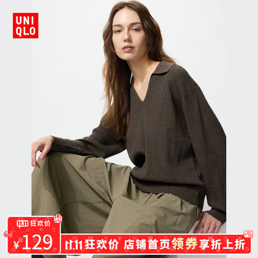Uniqlo carnival price women's machine washable ribbed half-open collar sweater/sweater 480414 35 light brown M