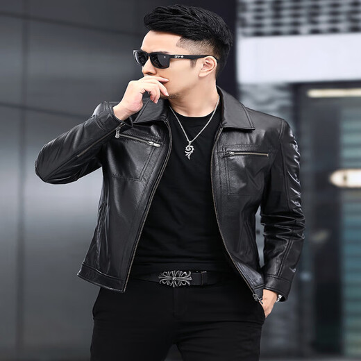Playboy (PLAYBOY) Genuine Leather Jacket Men's Short Loose Large Pier Layer Calfskin Lapel Autumn and Winter Business Motorcycle Leather Jacket Black Single Style XL