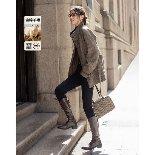 Demana Barn style outfit Winter retro workwear style old money sense sheep wool stand collar loose mid-length women's jacket